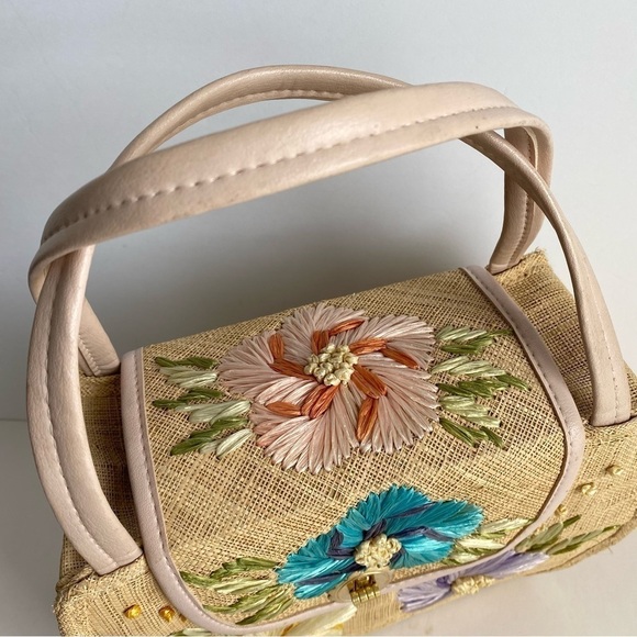 Vintage 50s 60s Straw Raffia Purse Floral Top Handle Bag Summer Beach Handbag - Picture 4 of 11